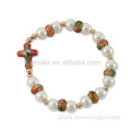 Pink Cloisonne rondelle and White Glass Pearl Beads Cross Bracelet